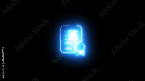 A bright blue neon glowing icon of a certificate with a seal on a black background diploma award