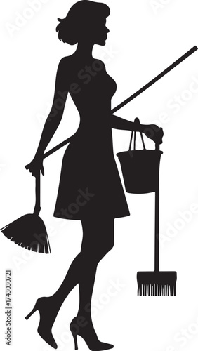 Black silhouette woman holding broom and bucket cleaning