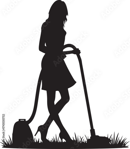 Black silhouette of woman with vacuum cleaner on grass