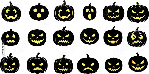 Set of Halloween pumpkin vector set, spooky jack o lantern faces, carved pumpkins, scary expressions, Halloween decoration, pumpkin silhouettes, creepy designs, October festivities, Halloween graphics