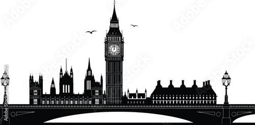 London city skyline with Big Ben and Westminster Bridge silhouette, famous landmarks, travel destination, architecture, vector illustration for tourism design