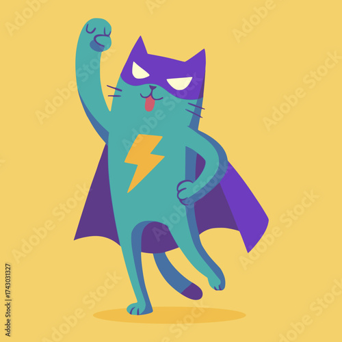 cute cat superhero action pose flat color vector illustration template design