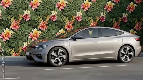 Sleek electric car parked beside a vibrant floral mural in an urban setting, showcasing modern design