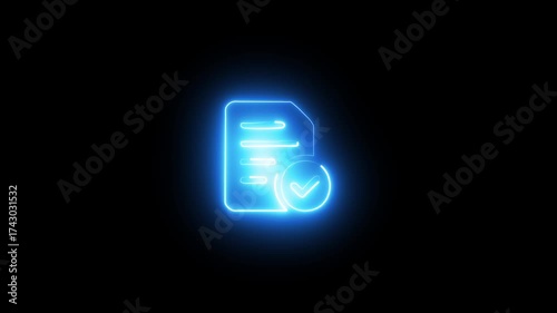 A bright blue neon glowing icon of a document with a checkmark on a black background file paper