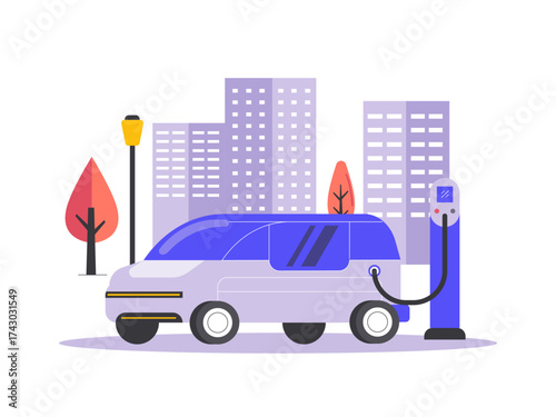 Electric car charging in the park, eco green vehicle. Modern transportation illustration. Flat vector illustration.
