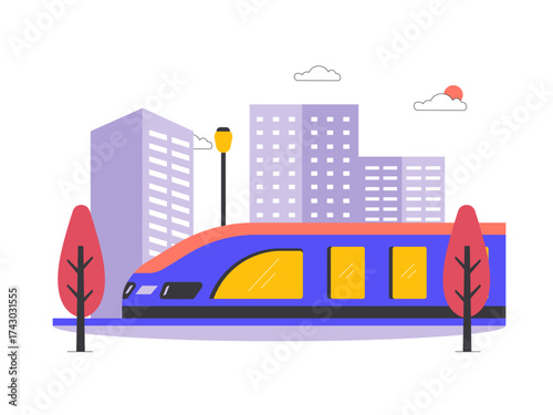 High-speed electric rail train in the city. Modern transportation illustration. Flat vector illustration.