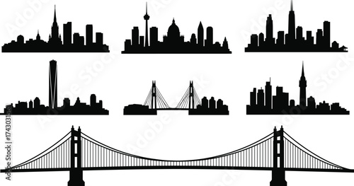 Modern black city skyline silhouettes with iconic bridges, urban architecture, and tall skyscraper buildings for cityscape design and illustration backgroundModern black city skyline silhouettes 