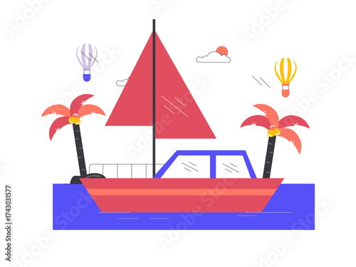 Sailboat sailing in deep blue waters. Modern transportation illustration. Flat vector illustration.