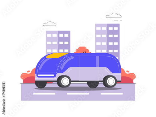 Futuristic robot car innovations are being tested on the road. Modern transportation illustration. Flat vector illustration.