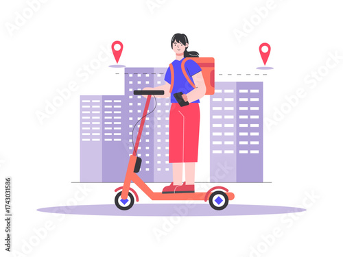 Courier girl on a scooter delivering orders . Modern transportation illustration. Flat vector illustration.