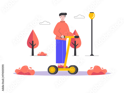 Young boy riding an electric self balancing in the park. Modern transportation illustration. Flat vector illustration.
