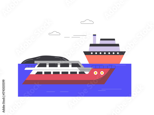 Ferry Ship Transportation on blue ocean. Modern transportation illustration. Flat vector illustration.