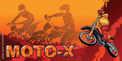 Motocross Bike Sport Poster Background with Racer in Dynamic Motion and Silhouette Grunge Style