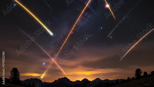 Stunning night sky with shooting stars over mountain silhouette and glowing horizon