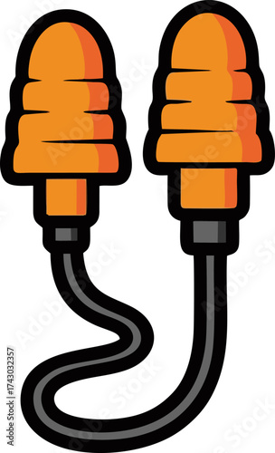 Cartoon Illustration of Orange Earplugs Connected by a Black Cord