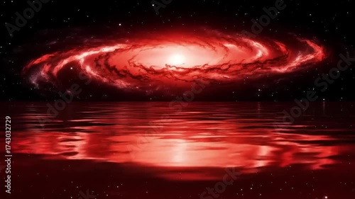 A vibrant red spiral galaxy reflecting in a calm, dark water surface under a starry night sky.