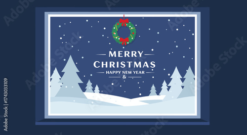 A warm flat design illustration of a hospital window offering a serene view of a snowy Christmas landscape, conveying messages of hope and well-being. 