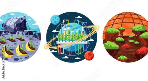 Illustrations of Futuristic Habitats on Different Planets.