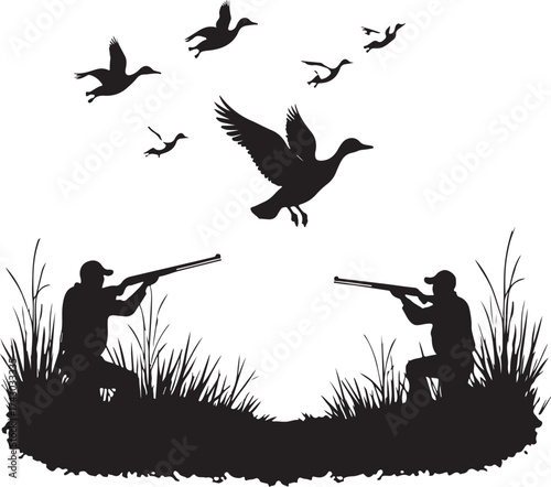 Duck hunters aiming shotguns at flying ducks silhouette
