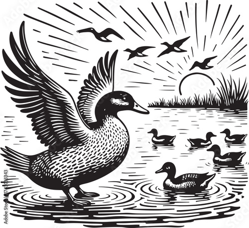 Duck with wings spread on water with ducklings and flying birds