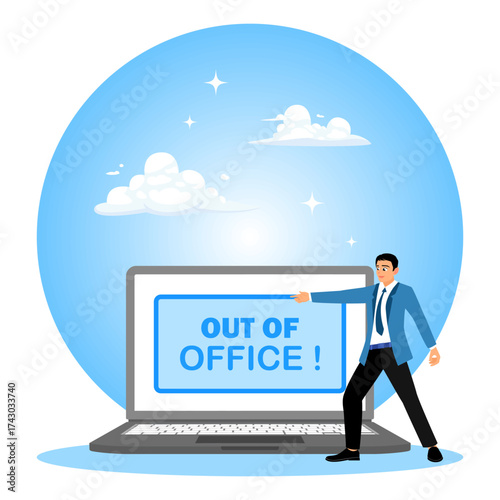 Businessman notifies not in office on laptop computer screen.