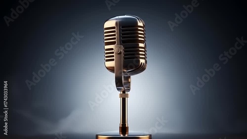 Vintage Microphone on Stage with Spotlight, Retro Audio Equipment for Performance.