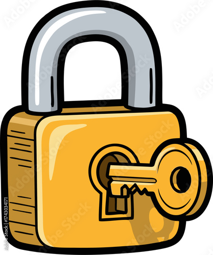Cartoon Padlock with Key: A Secure, Golden Symbol of Protection