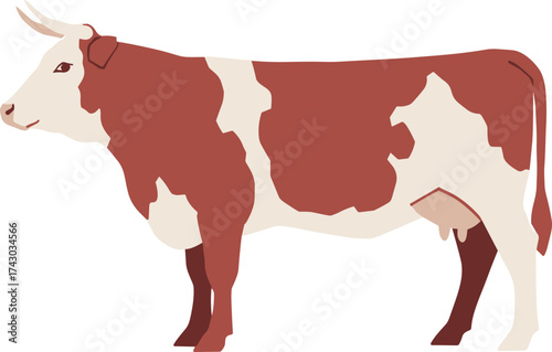 Flat Illustration Brown White Spotted Cow Standing Side View Farm Animal
