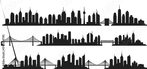 Modern city skyline silhouette with bridges and skyscrapers, urban architecture illustration, downtown cityscape view, metropolitan skyline vector design art