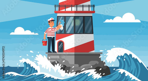 Lighthouse Keeper Maintaining Beacon Amidst Crashing Waves, Coastal Safety.