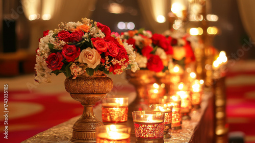 Elegant floral arrangement with glowing candles on a decorated table