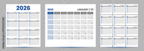2026 editable minimal calendar design. Week starts on Sunday. Place for notes. Minimalist trendy design for desktop design calendar planner.