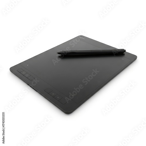 A black digital input device with a stylus on its surface featuring function buttons on its left and bottom edges set against a white background