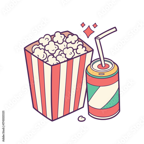 Popcorn and soda isolated on white background, perfect for movie night