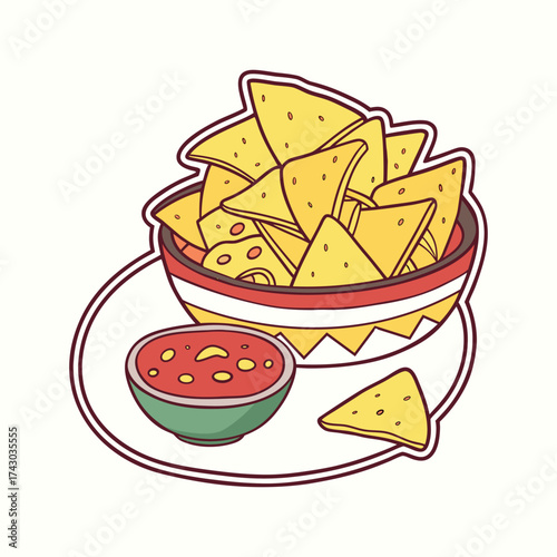 Bowl of nachos with salsa isolated on white background, cartoon illustration