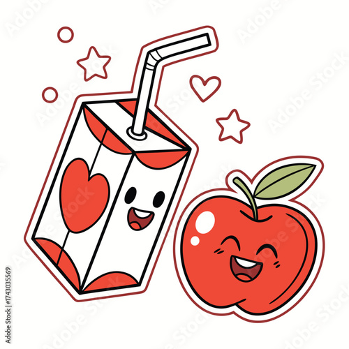 Cute apple juice box and apple isolated on white background illustration