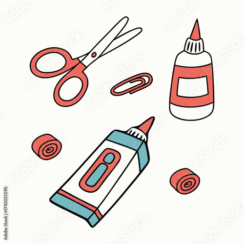Stationery items isolated on white background, including scissors and glue