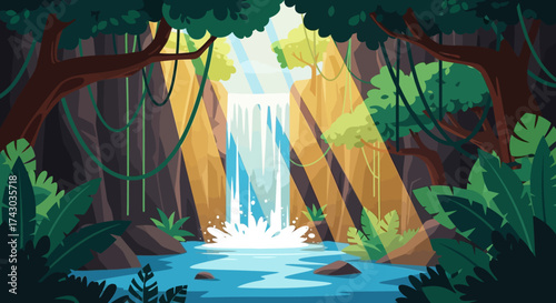 Lush Jungle Waterfall Scene with Sunlight.