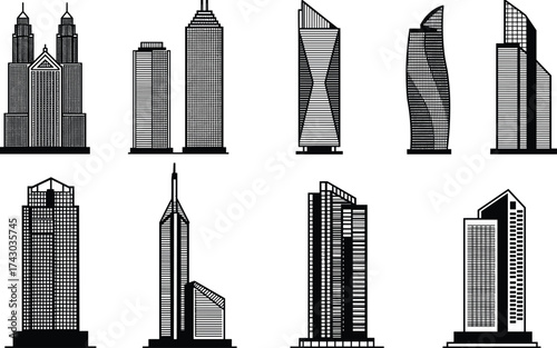 Modern skyscraper silhouette collection with contemporary architecture, high-rise buildings, urban city towers, and futuristic skyline design for vector illustration