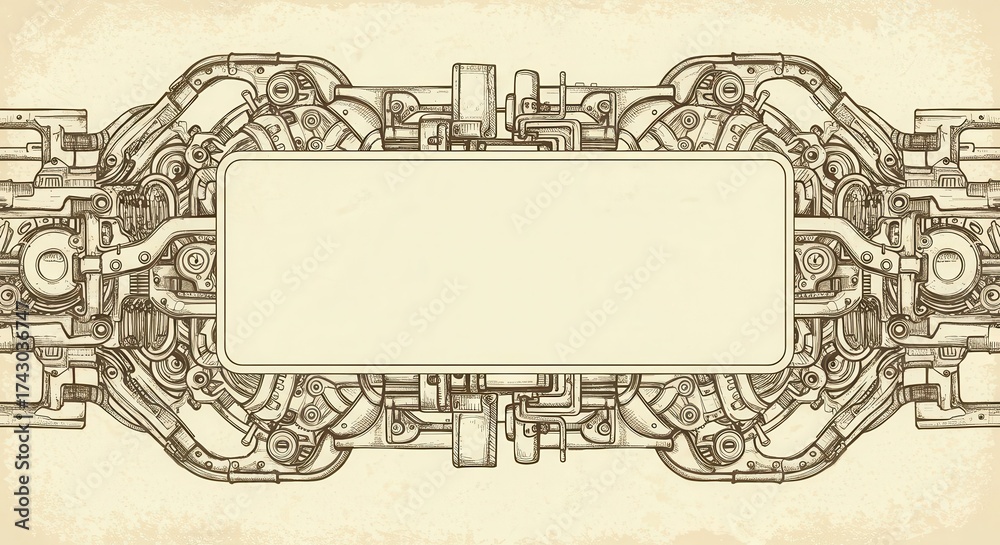 Obraz premium Detailed illustration of a complex, machine-like structure framing a rectangular blank space in the center, showcasing a steampunk or industrial aesthetic.