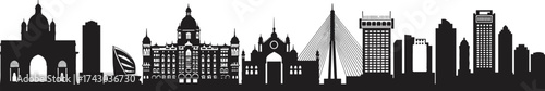 Mumbai city skyline silhouette vector illustration, India architecture landmark, urban cityscape, travel destination, modern buildings, tourism art, cultural design