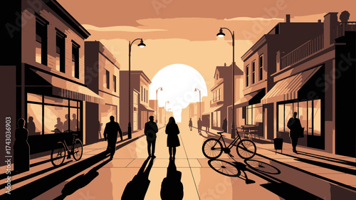 Silhouetted figures stroll down a charming urban street at sunset, creating a warm, inviting atmosphere, perfect for city life and community themes