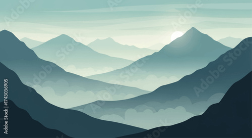Misty Mountain Range Landscape Illustration in Blue Hues.