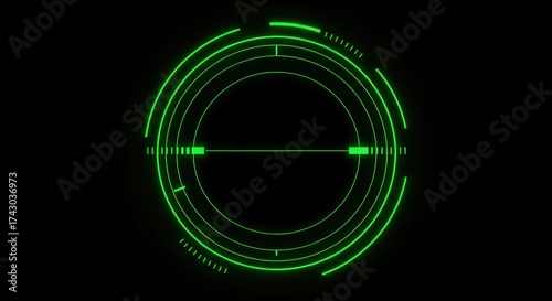 Futuristic green glowing digital target reticle, showcasing a circular design with concentric circles and crosshairs against a dark background, representing aiming and precision for technology.