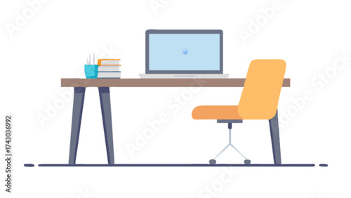 Office desk setup illustration with laptop chair books and stationery for work from home concept