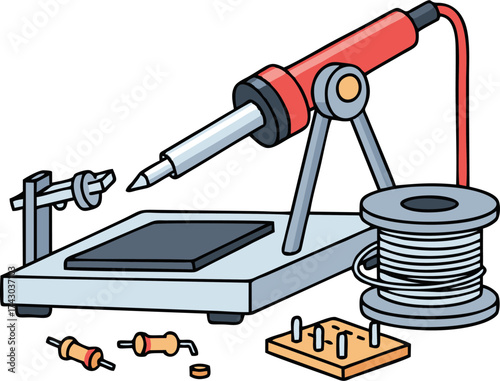 Cartoon soldering station with iron, solder spool, breadboard, and resistors