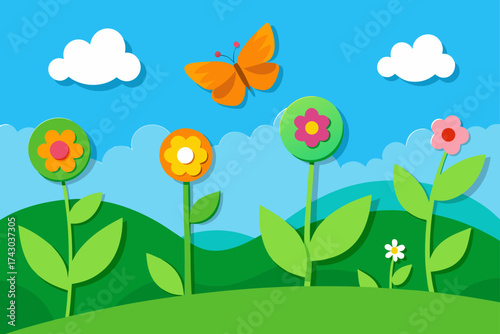 green meadow with paper cut flowers and butterflie