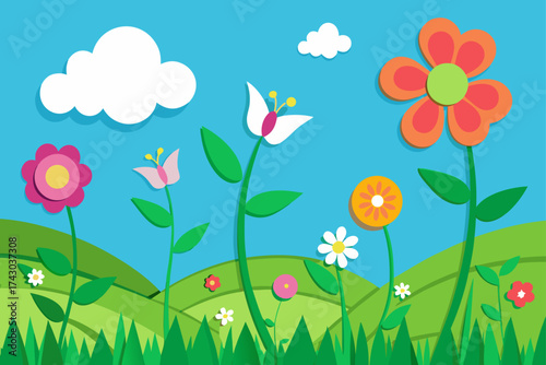 green meadow with paper cut flowers and butterflie