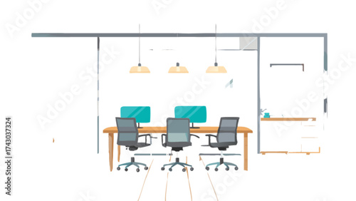 Office interior design illustration with desks chairs computers and lighting for workspaces