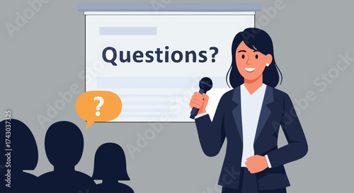 Businesswoman Giving Presentation and Asking for Questions — Flat Vector Illustration